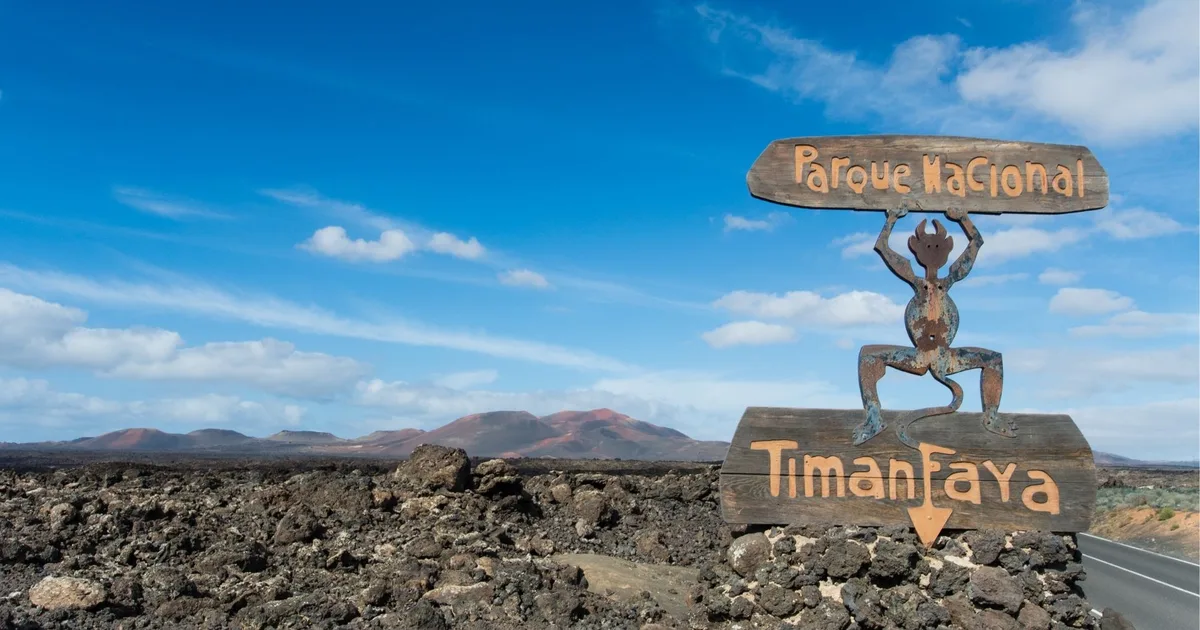 Parque Nacional de Timanfaya entrance sign on the LZ-67 road, Lanzarote