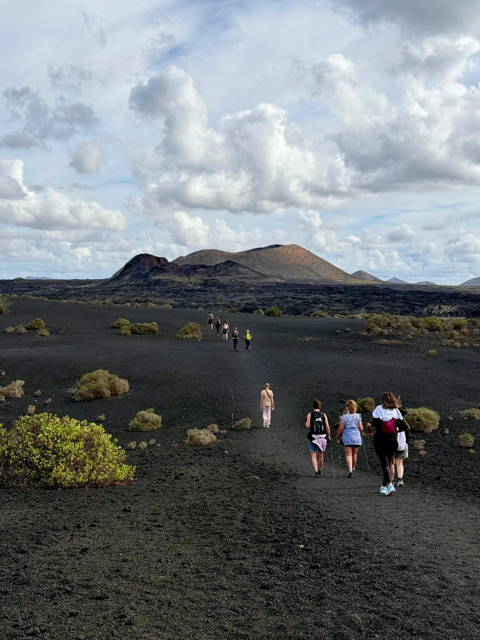 Walkers strung out along the path across the ash plain towards a low cone
